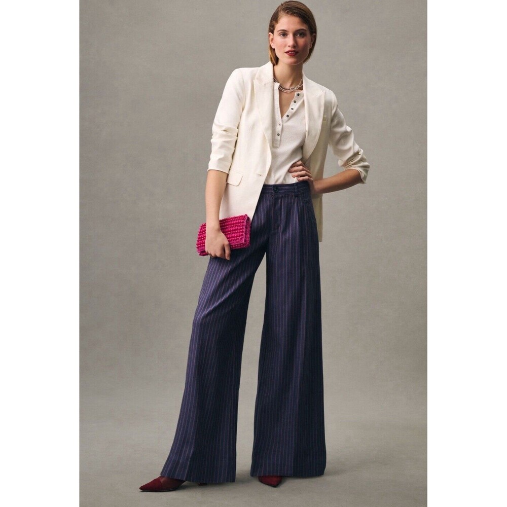 Anthropologie Pants Wide-Leg Women Preppy Blue Stripe Cotton Blend Y2K Sz 14 NWT